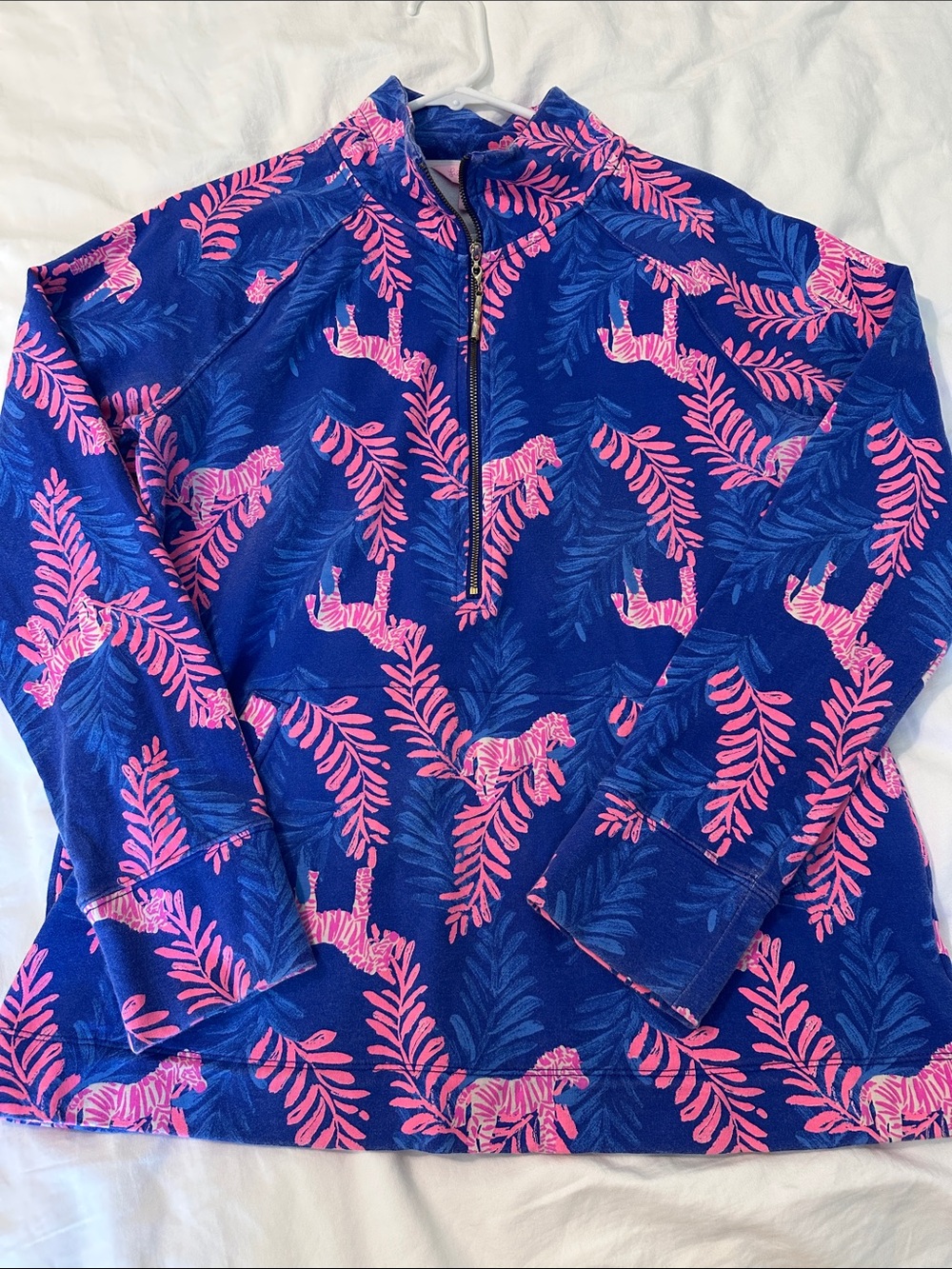 Women’s Lilly Pulitzer Skipper Popover Blue & Pink Tropical quarter zip, Size M